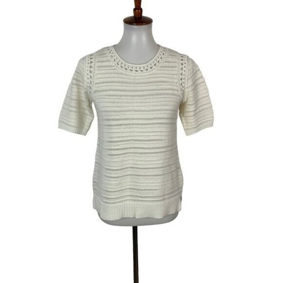 Loft White Short Sleeve Pointelle Knit Sweater XS NWT - Picture 1 of 5